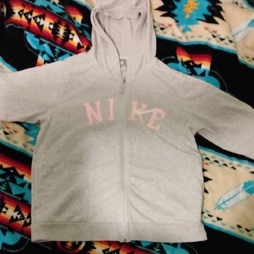 Nike Kids Light Gray Hoodie with Pink Logo